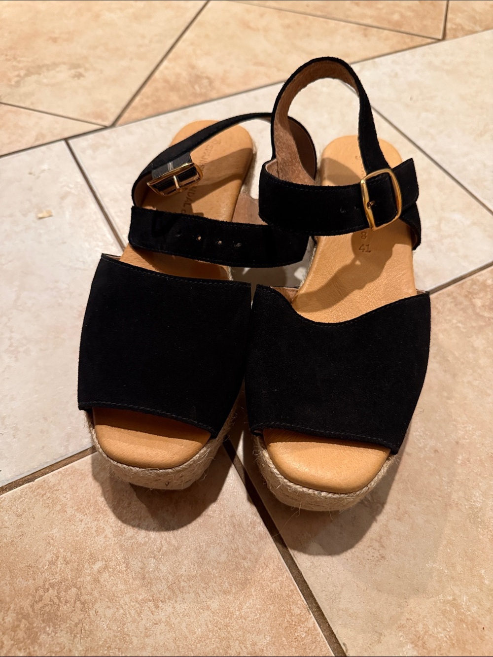 Black Suede Espadrille Wedge Sandals with Ankle Strap